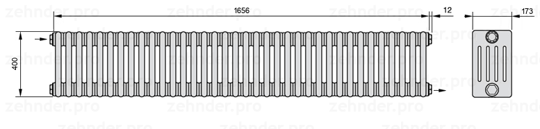 Схема (чертеж) Радиатор Zehnder Charleston 5040/36 №1670 Белый глянцевый RAL 9016